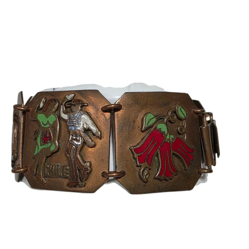 Chile Souvenir Enamel Copper‎ Bracelet Folkloric Scenes Cowboy Horse Guitar